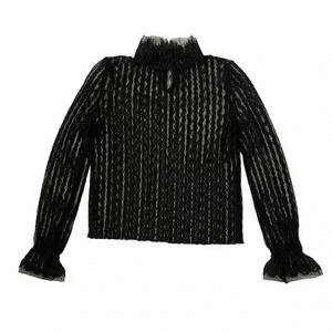 Zara High Collar Sheer Lace and Tulle Long Sleeve Top - Black - Size S